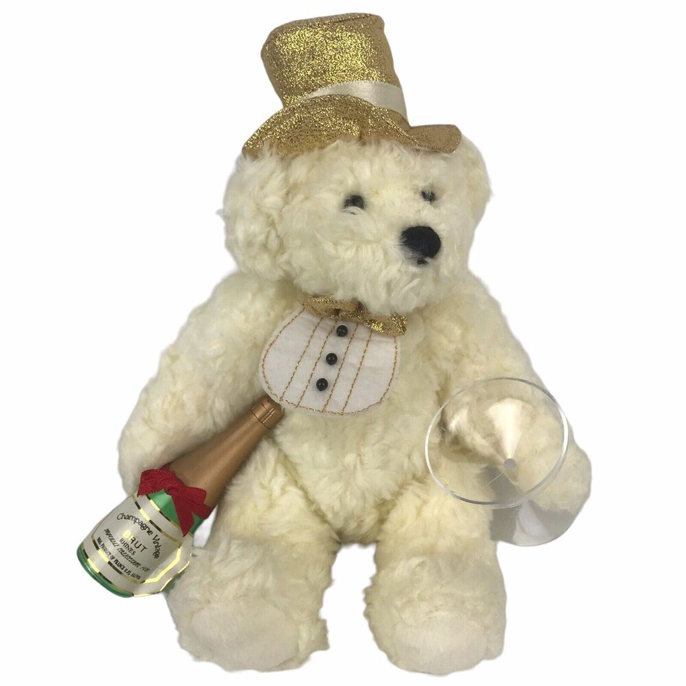 1998 GAC White Teddy Bear Plush New Year's Eve Champagne Top Hat Stuffed Animal